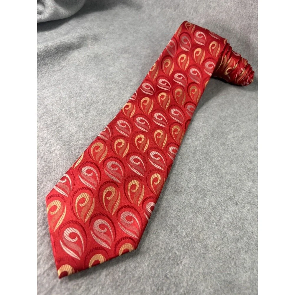 Juin Paris Silk Tie Red White Yellow‎ Geometric L:59” W:4” Jacquard - Picture 2 of 10